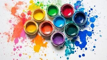 Top view of open paint jars with vivid colors and splashes, perfect for art, creativity, and design themes. photo