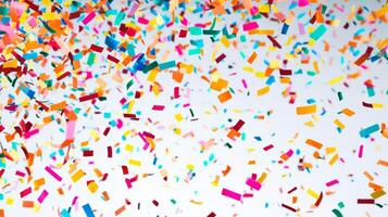 A colorful explosion of confetti is falling from the sky. The confetti is in various colors and shapes, creating a vibrant and festive atmosphere photo