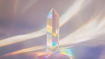 A clear crystal prism casting vibrant rainbow light patterns on a soft, neutral background. photo