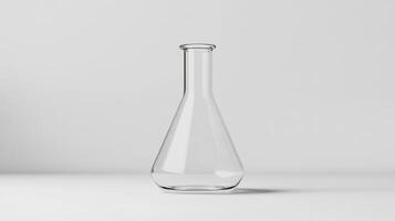 A clear glass vase is sitting on a white table. The vase is empty photo