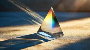 A clear glass prism disperses sunlight into a vibrant rainbow on a textured surface, showcasing the beauty of light and color. photo