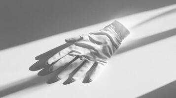Artistic black and white photo of a gloved hand casting shadows, showcasing minimalism and dramatic lighting.