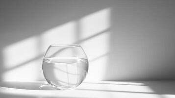 A clear glass of water casting shadows on a white surface, illuminated by natural sunlight in a minimalist style. photo
