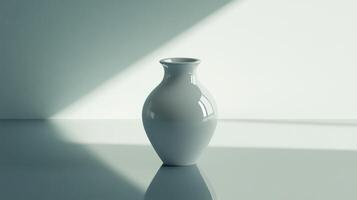 A simple white ceramic vase illuminated by gentle natural light, casting a shadow on a reflective surface. photo