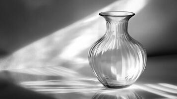 A clear vase sits on a table. The vase is empty. The table is white photo