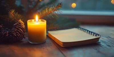 Candle is lit on a table next to a notebook. The candle is yellow and the notebook is open. The scene is cozy photo