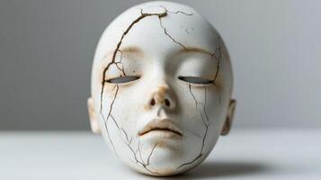 Close-up of a cracked ceramic face sculpture with closed eyes, showcasing intricate details and texture against a minimalist background. photo