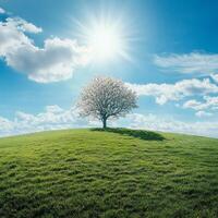Solitary Tree on a Green Hill under a Sunny Sky photo