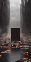 Dark Landscape with Monolithic Structure Amidst Fiery Depths photo