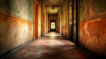 Abandoned Vintage Corridor with Weathered Walls and Eerie Lighting in a Historic Building photo