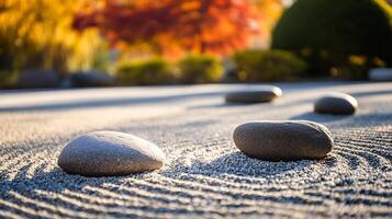 Serene Zen Garden with Raked Gravel and Smooth Stones in Autumn with Vibrant Foliage photo