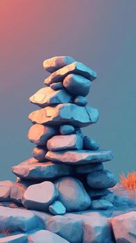 Tranquil Stone Cairn at Sunset with Soft Pastel Sky and Gentle Lighting in Serene Natural Setting photo
