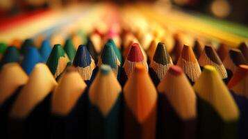 Vibrant Close-Up of Colorful Pencils Arranged in a Row with Blurred Background photo
