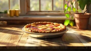 Freshly Baked Lattice Apple Pie on Rustic Wooden Table photo
