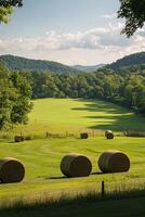 Scenic Rural Landscape with Rolling Hills and Hay Bales Under a Clear Blue Sky in Summer photo