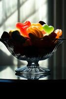 Colorful Jelly Candies in a Glass Bowl with Soft Lighting photo