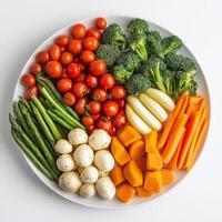 White plate with a variety of vegetables including broccoli, carrots photo