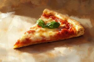 Freshly Baked Slice of Margherita Pizza with Basil on Table photo