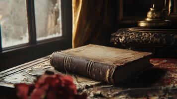 Vintage Leather-Bound Book on Antique Wooden Table by Window photo