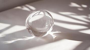 A clear glass ball is sitting on a white table photo