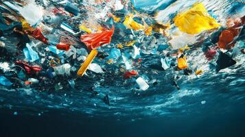 Pollution in Ocean Water With Plastic Waste and Colorful Debris photo