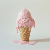 Melting Pink Ice Cream Cone on Light Background with Dripping Scoops photo