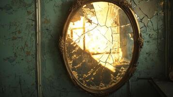 A cracked mirror with a light shining on it photo