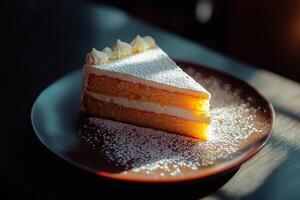 A slice of cake with powdered sugar on top photo