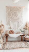Cozy Bohemian Living Room with Macrame Wall Art and Natural Elements photo