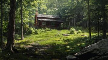 Rustic Forest Cabin in Sunlight photo