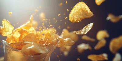 Crisp Potato Chips Falling in Soft Natural Light with Golden Color photo