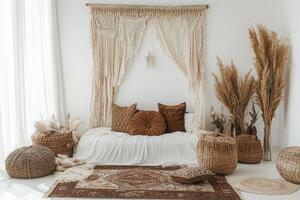 Cozy Bohemian Living Room with Soft Textiles and Natural Decor photo