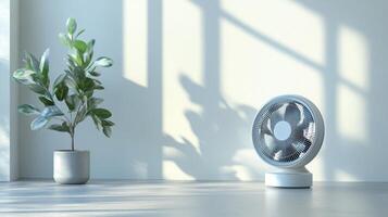 Modern Home Decor with Fan and Plant in Bright Indoor Space photo