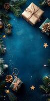 Festive Christmas Background with Wrapped Gifts, Pine Branches photo