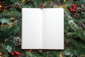 Blank Open Notebook Surrounded by Festive Christmas Decorations photo