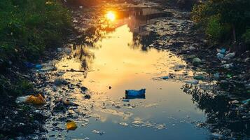 Reflection of Sunset Over Polluted Waterway with Trash and Debris photo