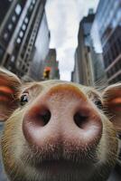 A pig is looking at the camera with its nose showing photo
