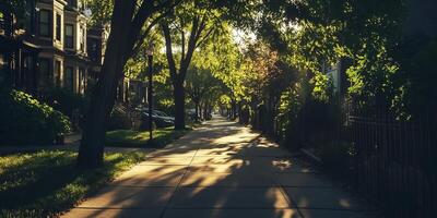 Sunlit Urban Street with Lush Green Trees Casting Shadows photo