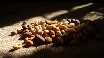 Assorted Raw Nuts on Natural Fiber Background with Soft Light Effects photo