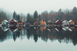 Serene Lakeside Cabins in Winter Wonderland photo