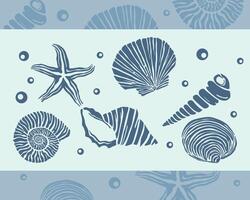 Marine life illustration pattern element mollusk, shell, scallop, starfish, deep sea background layout silhouette print art editable vector
