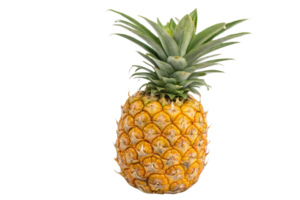 A full pineapple in perfect ripeness, its golden skin textured with sharp patterns, and topped by a lush crown of deep green leaves png