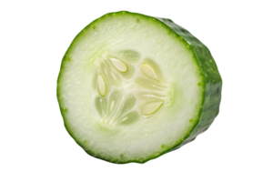 A single slice of cucumber showing its light green flesh, juicy texture, and delicate, white seeds arranged in a radial pattern png