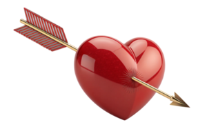 A glossy red heart pierced by a golden arrow with striped feathers, symbolizing love at first sight png