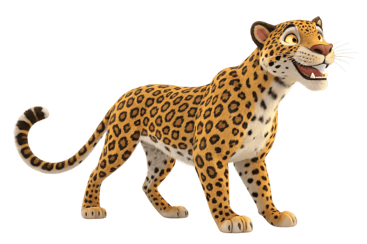 un animado jaguar con un alegre expresión, exhibiendo fluido movimiento y cautivador patrones. sus rizado cola agrega un dinámica toque a sus diseño png