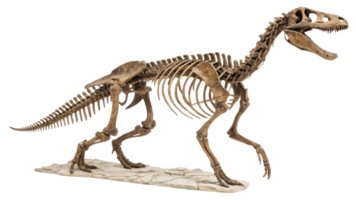 A view of a theropod skeleton on a stone platform, highlighting its curved tail, strong legs, and distinct bipedal posture png