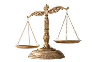 An ornate golden scale with intricate carvings and a round base. The chains holding the plates shimmer, embodying classical elegance and justice symbolism png