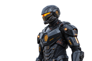An armored robot in a black suit with orange illumination, designed with sharp, angular features and combat readiness png