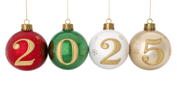 Displays hanging festive baubles in red, green, white, and beige, adorned with glittery golden 2025 and starry patterns png