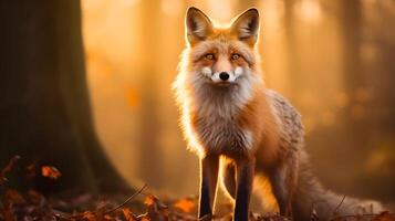 Sublime red fox stands majestically in misty forest background nature photography ethereal atmosphere close-up view photo